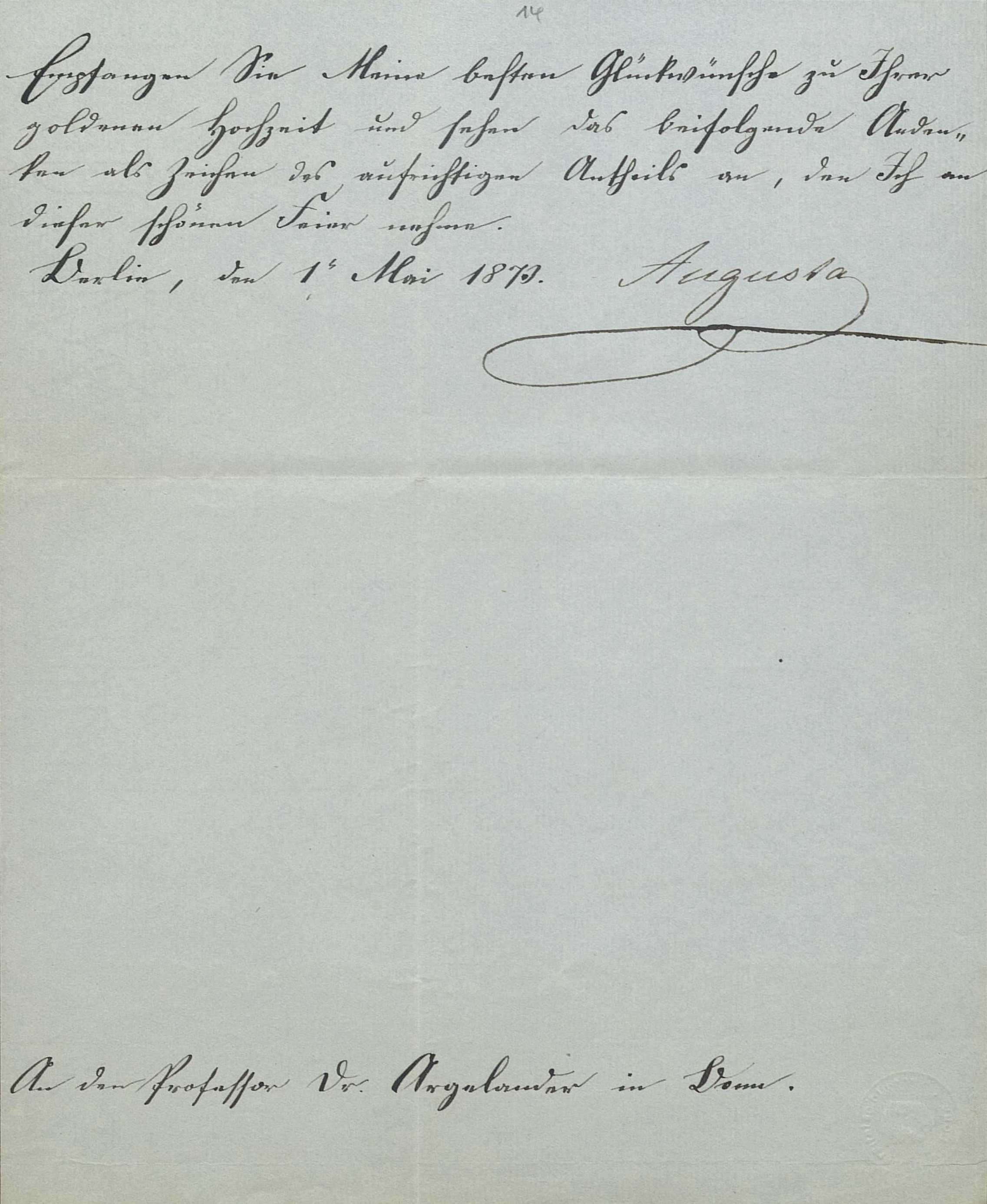 Brief von Kaiserin Augusta an Friedrich Wilhelm August Argelander (1. Mai 1875)
