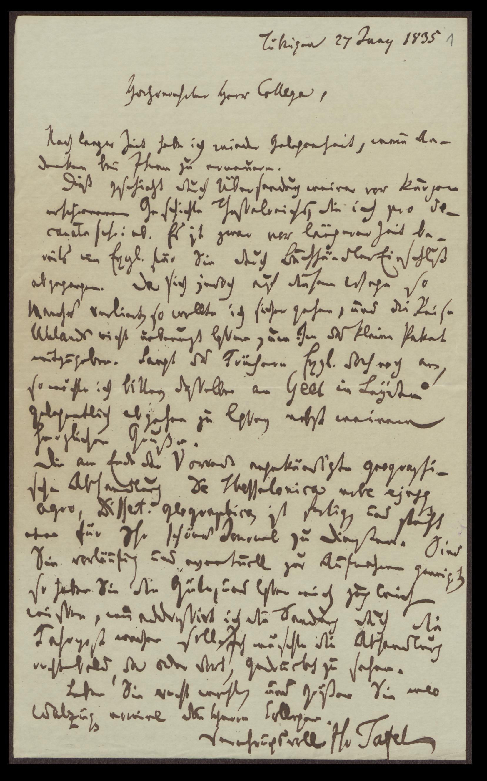 Brief von Gottlieb Friedrich Lukas Tafel an Friedrich Gottlieb Welcker (Tübingen, 27. Juni 1835)