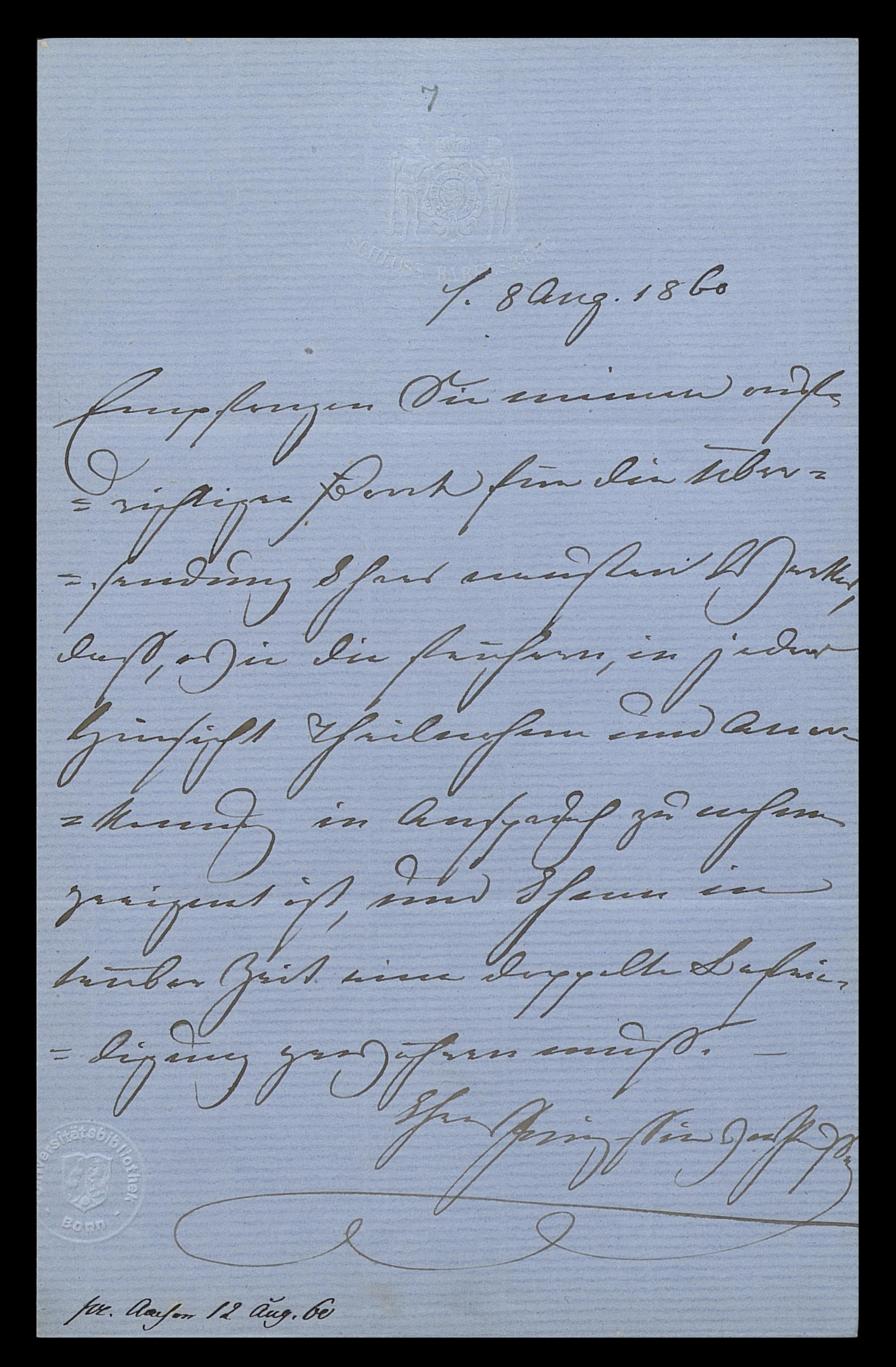 Brief von Kaiserin Augusta an Reumont (8. August 1860)