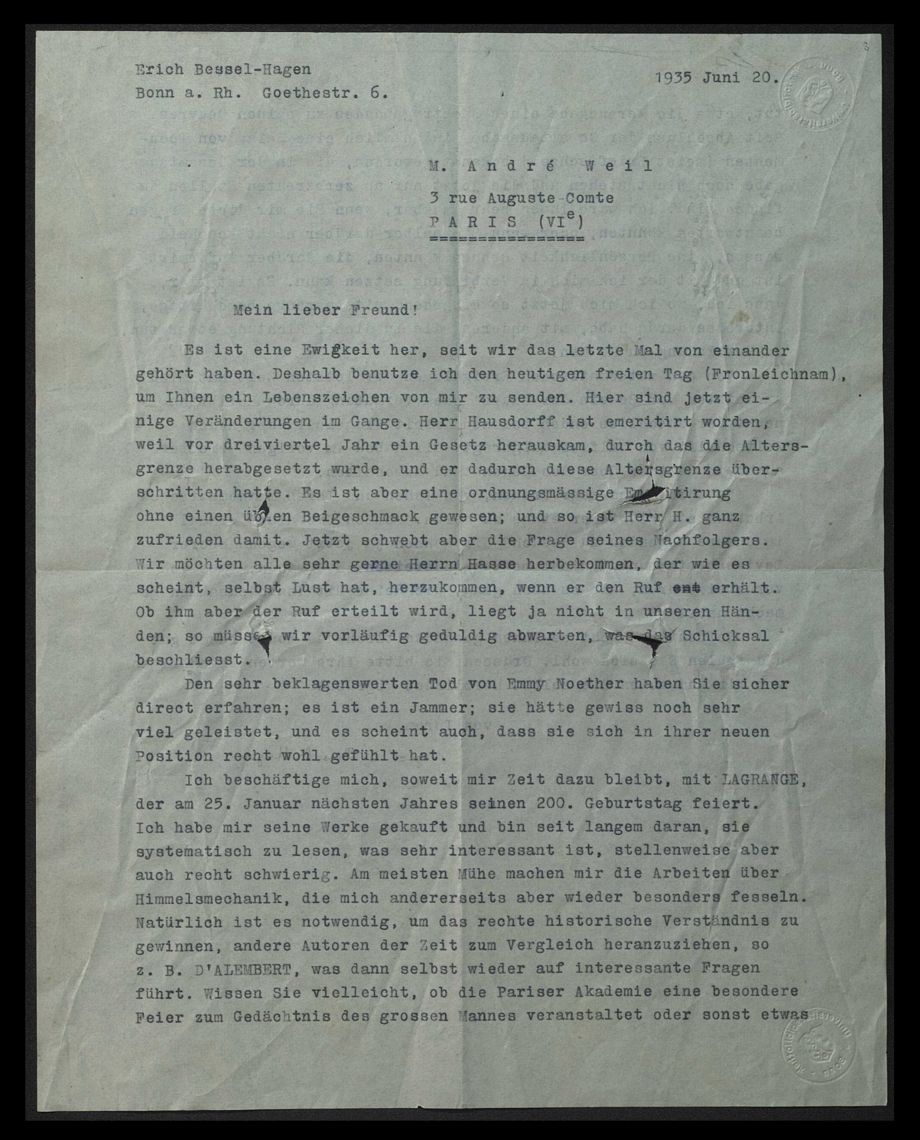 Brief von Bessel-Hagen an André Weil (Bonn, 20. Juni 1935)