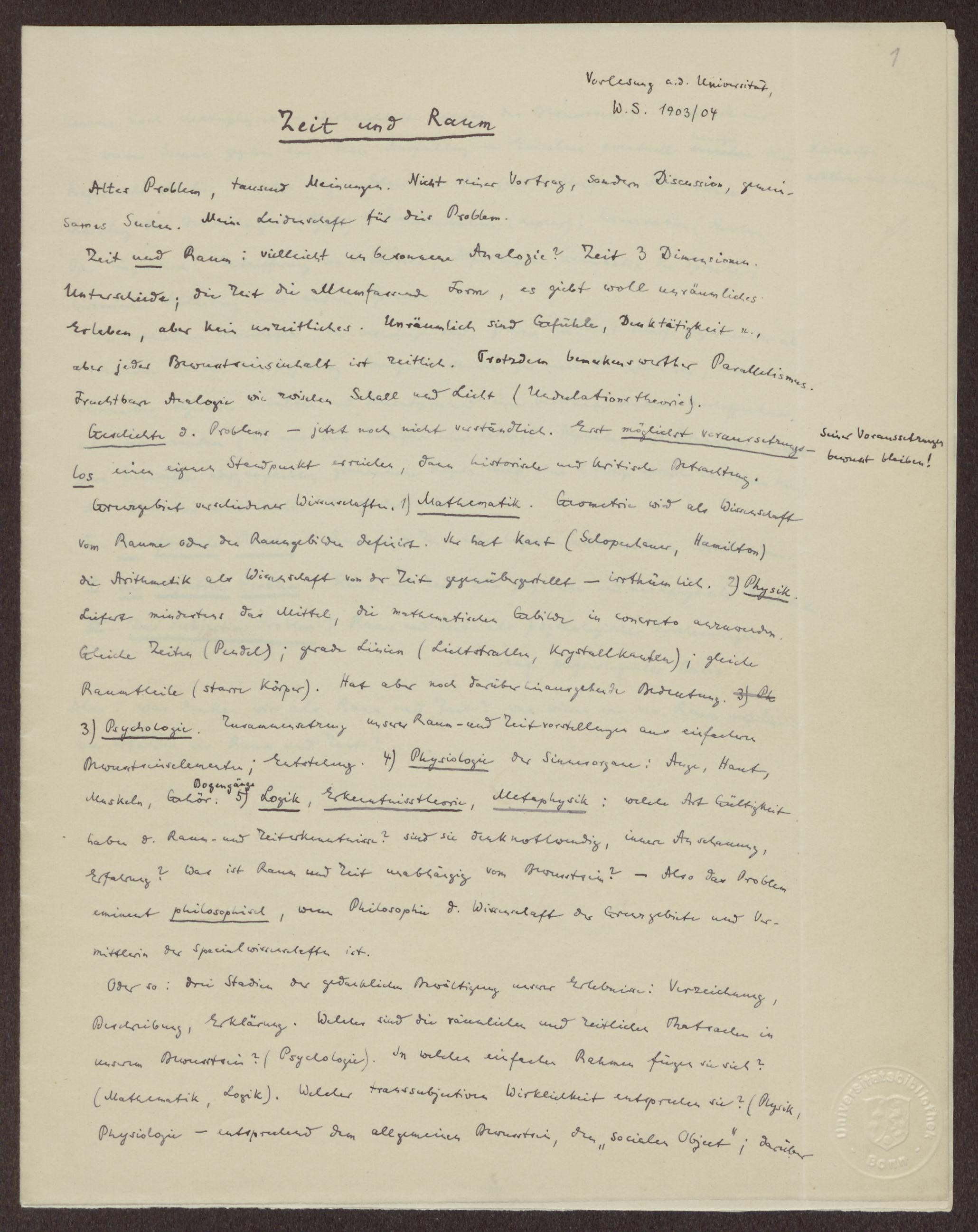Zeit und Raum. Vorlesung von Felix Hausdorff an der Universität Leipzig, WS 1903/1904