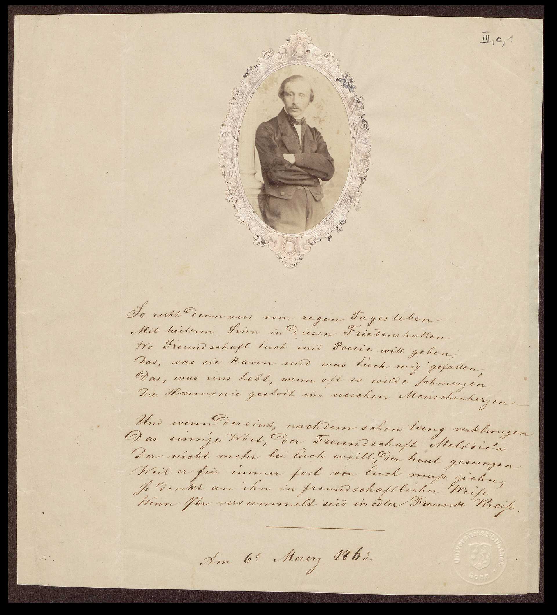 Gedicht von Gustav Radde (06.03.1863), mit Fotografie