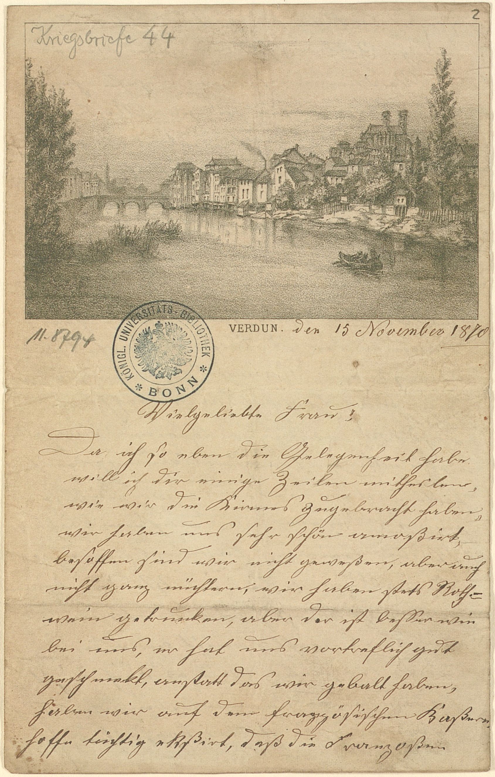 Brief an Hubertina Hilbrandt von Johann Hilbrandt. Verdun, 15.11.1870