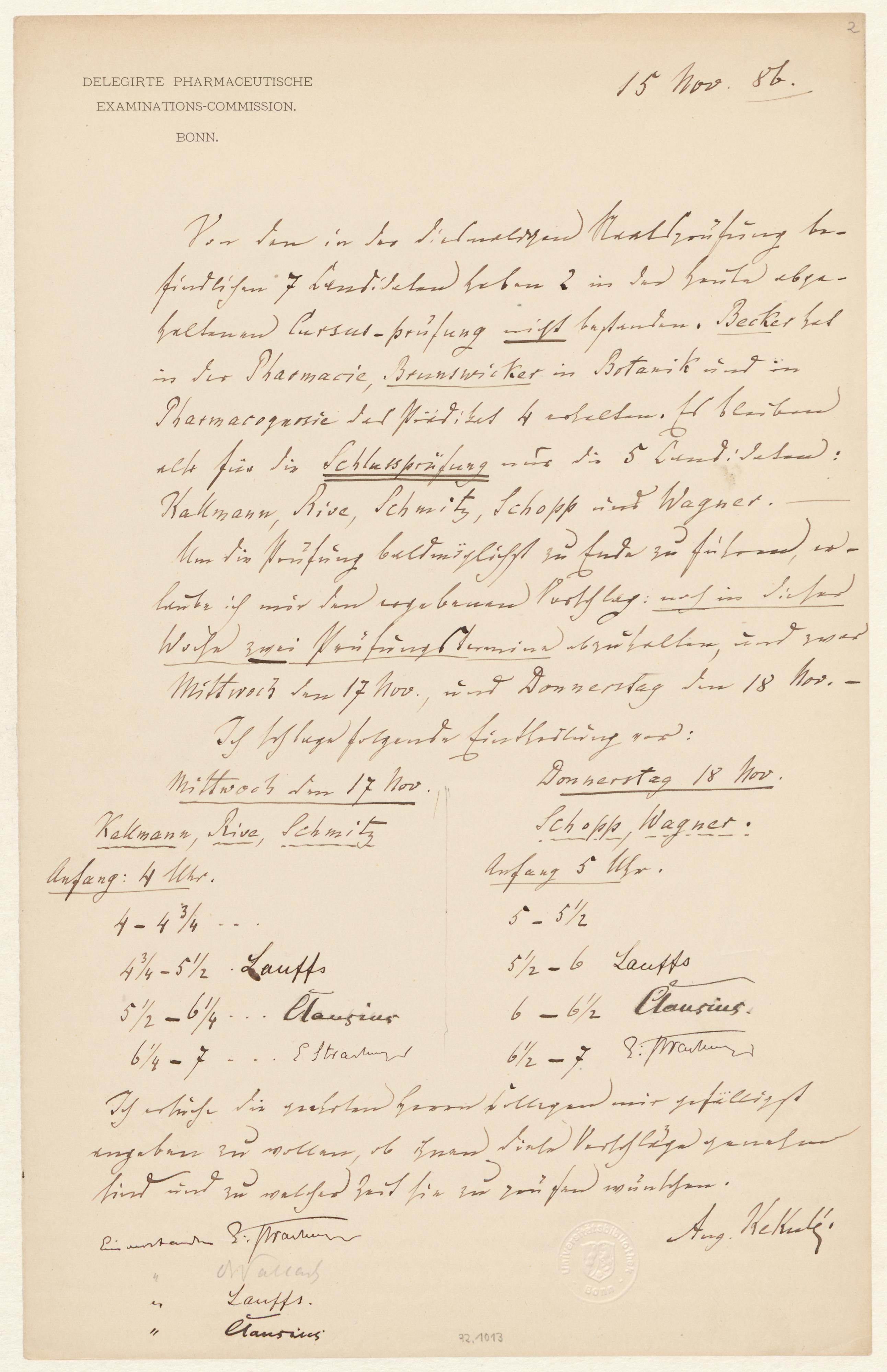 [Plan für die] Schlussprüfung [der] pharmaceutischen Examinations-Commission / August Kekulé. Bonn, 15.11.1886